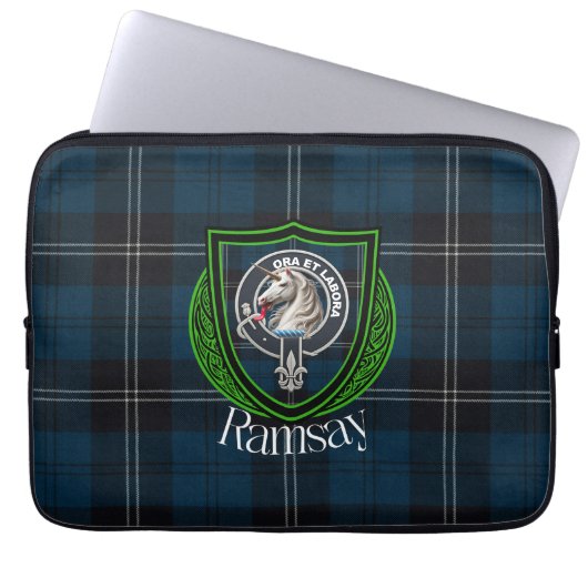 Ramsay Schotse Clan Tartan en Wapenembleem Laptop Sleeve (Voorkant)