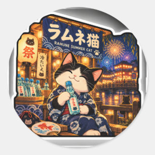 Ramune Kat Japanse Zomerfestival Vuurwerk Ronde Sticker