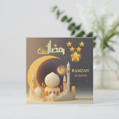 Ramzan Mubarak typografie moskee & gouden halve ma Kaart (Staand voorkant)
