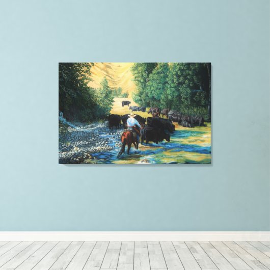 Ranch paard en Angus vee kudde rijden en rivier Canvas Afdruk (Insitu (Houten vloer))