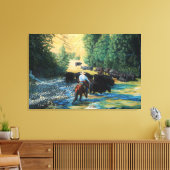 Ranch paard en Angus vee kudde rijden en rivier Canvas Afdruk (Insitu (Woonkamer))