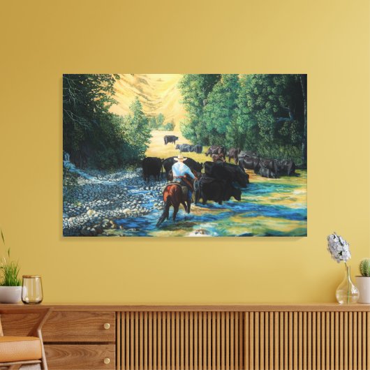 Ranch paard en Angus vee kudde rijden en rivier Canvas Afdruk (Insitu (Woonkamer))