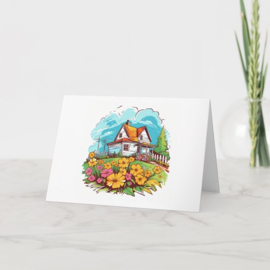 Ranchhuis met zomerbloemen blanco notitie kaart (Voorkant)