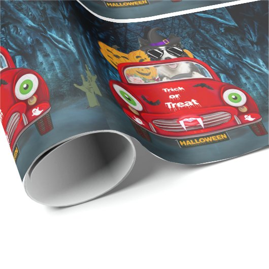 Rand Collie Dog Driving Car Scary Halloween Cadeaupapier (Rol Hoek)