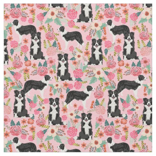 Rand Collie dog  florals roze Stof (Close Up)