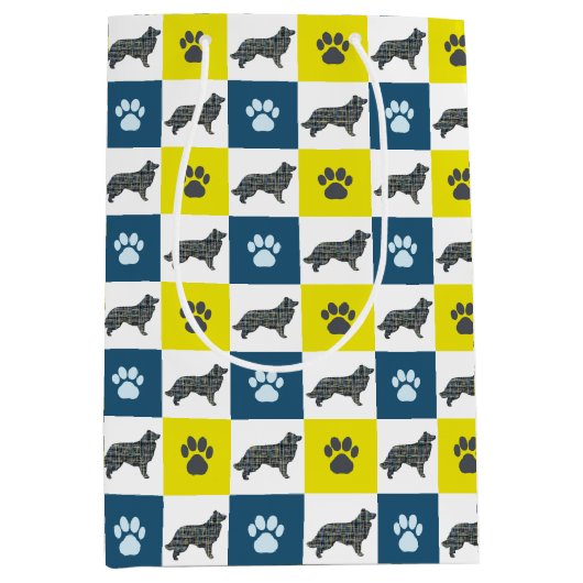 Rand Collie Dog & Paw Yellow & Black Grid Medium Cadeauzakje (Voorkant)