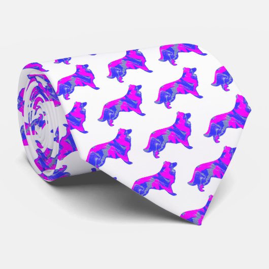Rand Collie Dog Silhouette Pink&Blue White Stropdas (Opgerold)
