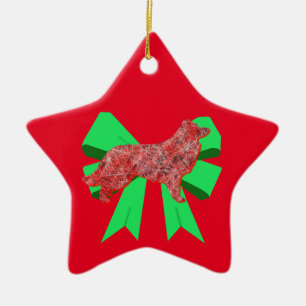 Rand Collie Red Dog & Green Bow Kerstmis Keramisch Ornament