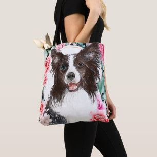 Rand collie waterverf hond gezicht roos kunst tote bag