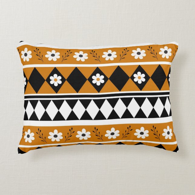 Rand Streep Bloem Diamant Boho Bloemen Patroon Accent Kussen (Voorkant)