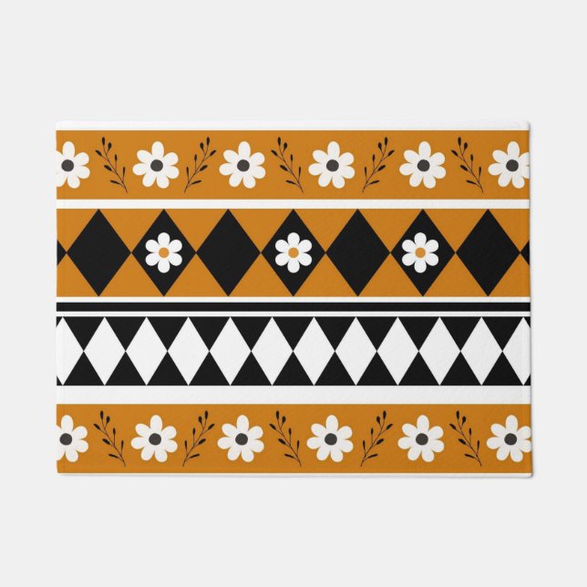 Rand Streep Bloem Diamant Boho Bloemen Patroon Deurmat (Voorkant)