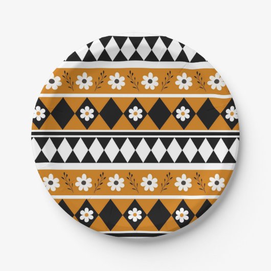 Rand Streep Bloem Diamant Boho Bloemen Patroon Papieren Bordje (Voorkant)