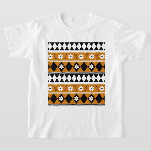 Rand Streep Bloem Diamant Boho Bloemen Patroon T-shirt (Laagn)