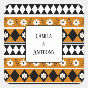 Rand Streep Bloem Diamant Boho Bloemen Patroon Vierkante Sticker