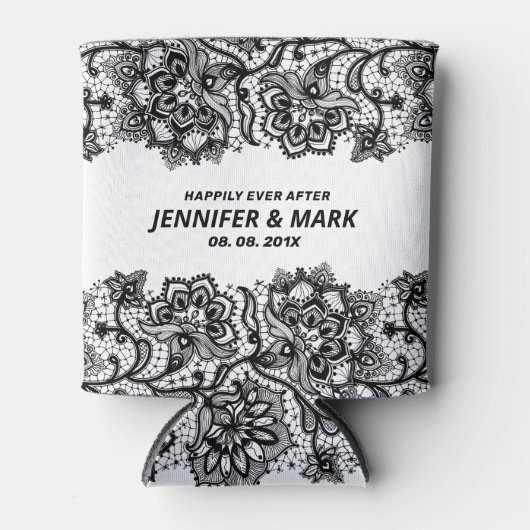 Rand van zwarte en witte  florale kant blikjeskoeler (Voorkant)