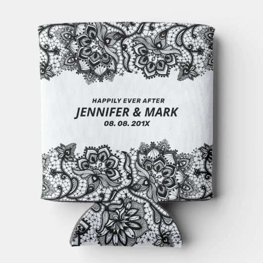 Rand van zwarte en witte  florale kant blikjeskoeler (Achterkant)