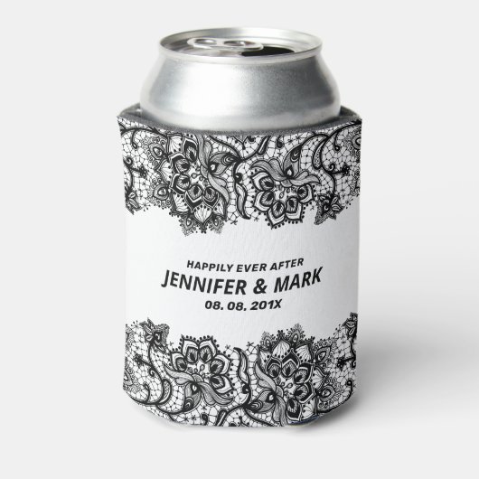 Rand van zwarte en witte  florale kant blikjeskoeler (Blikje Achterkant)