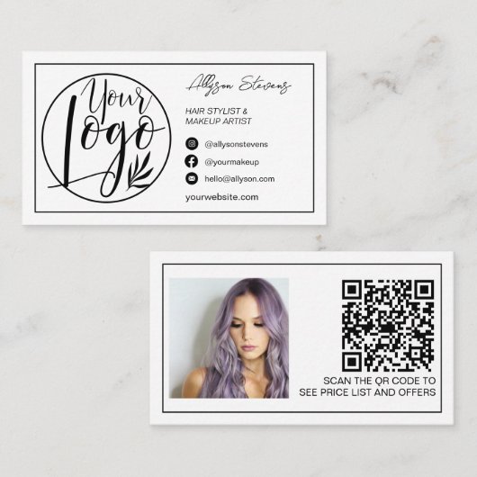 Rand zwarte witte haarmake-up foto logo qcode visitekaartje (Voorkant / Achterkant)