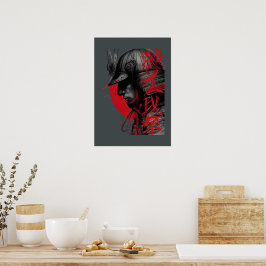 Randfiguur samoerai krijger Japanse inkt rode zon Poster
