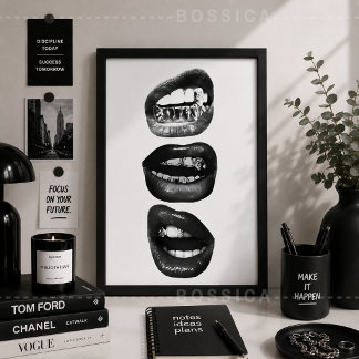 Randmodie Poster Zwart & Witte Lippen Muurkunst