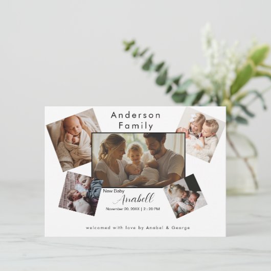 Random Family Photo Collage Birth Announcement Aankondiging (Staand voorkant)