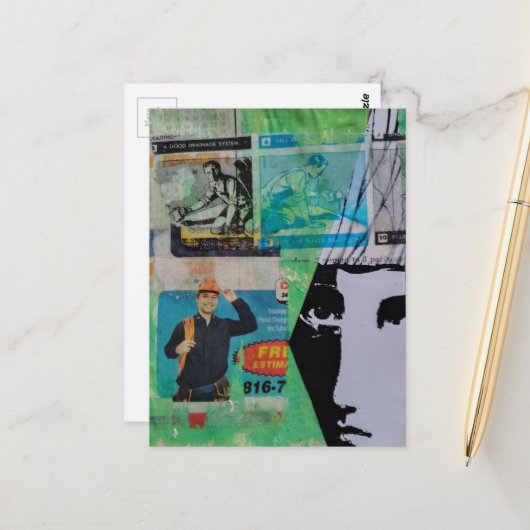 Random Mixed Media Collage Working Men and a Face Briefkaart (Voorkant / Achterkant in situ)