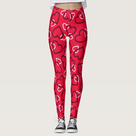 Random Red Outlined Hearts Pattern Leggings (Voorkant)