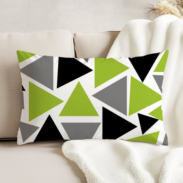 Random Triangles Lime Green Grey Black op White Accent Kussen (Creator heeft geüpload)