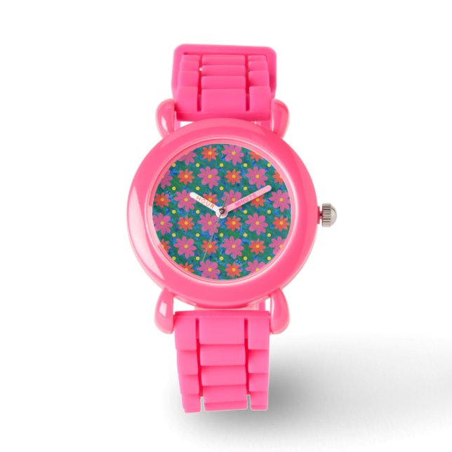 Rangoli Bloemen en Polka Dots Kinder Glitter Horlo Horloge (Voorkant)
