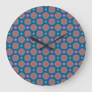 Rangoli Bloemen en Polka Dots op Blauwe Wandklok