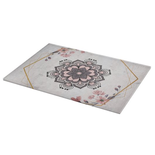 Rangoli Floral Art, Roze en Grijze Mandala Design Snijplank (Hoek)