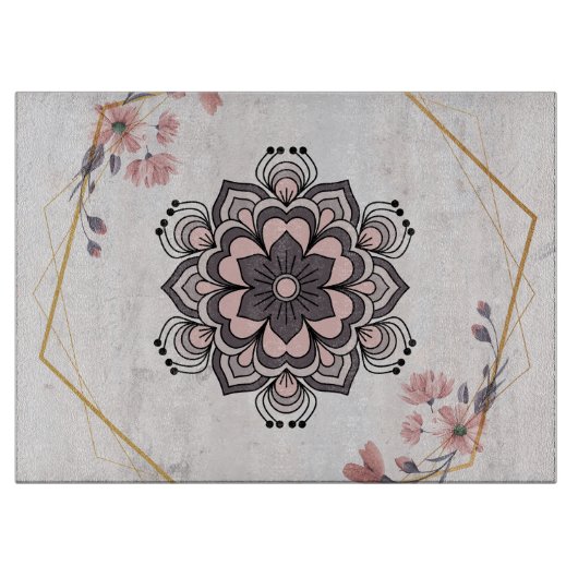 Rangoli Floral Art, Roze en Grijze Mandala Design Snijplank (Voorkant)