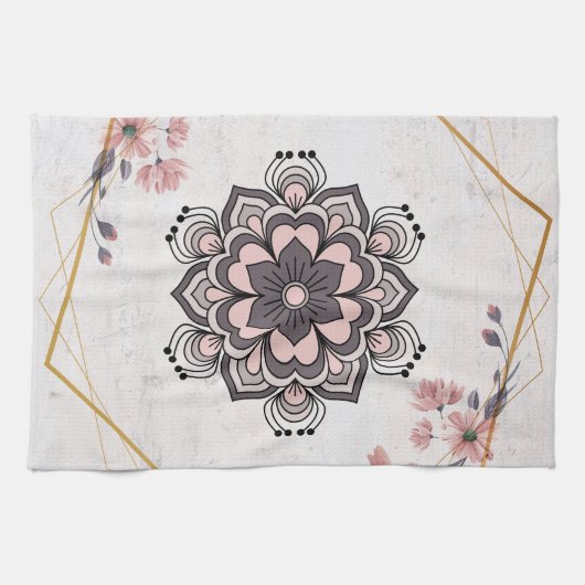 Rangoli Floral Art, Roze en Grijze Mandala Vibes Theedoek (Horizontaal)
