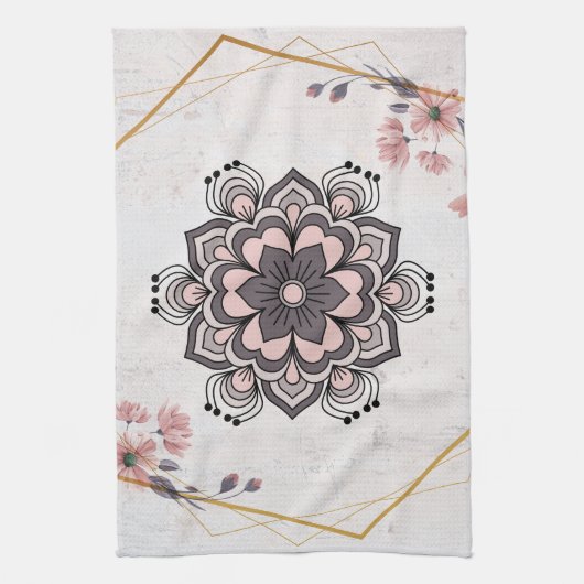 Rangoli Floral Art, Roze en Grijze Mandala Vibes Theedoek (Verticaal)