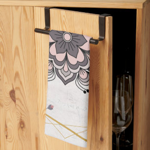 Rangoli Floral Art, Roze en Grijze Mandala Vibes Theedoek