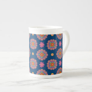 Rangoli Flowers Polka Dots on Blue Bone China Mok