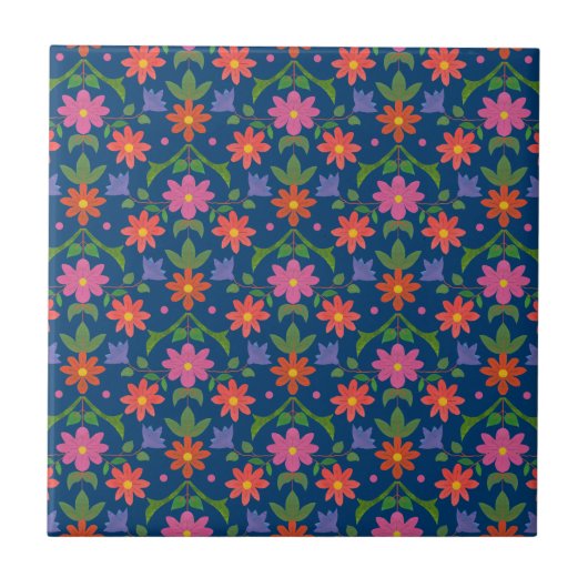 Rangoli Flowers, Polka Dots on Blue Ceramic Tile Tegeltje (Voorkant)