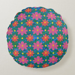 Rangoli Flowers, Polka Dots on Blue Round Pillow Rond Kussen