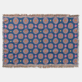 Rangoli Flowers, Polka Dots on Blue Throw Blanket Deken