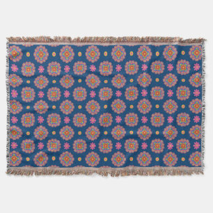 Rangoli Flowers, Polka Dots on Blue Throw Blanket Deken