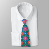 Rangoli Flowers, Polka Dots on Blue Unisex Necktie Stropdas (Gebonden)