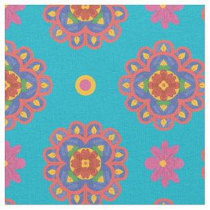 Rangoli Flowers, Polka Dots on Turquoiose Fabric Stof