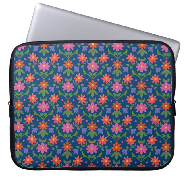 Rangoli Flowers, Polka Dots op Blue Laptop Slaper Sleeve (Voorkant)