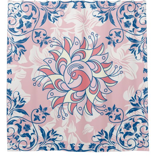 Rangoli Spring Flowers, roze heldere levensstijl Douchegordijn (Voorkant)