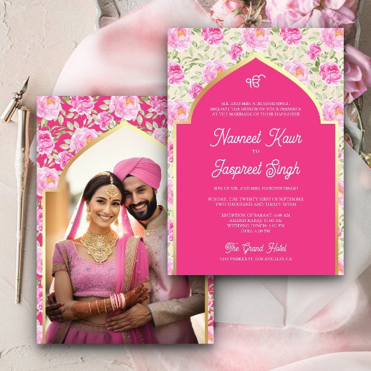 Rani Pink Floral foto Anand Karaj Sikh bruiloft Kaart
