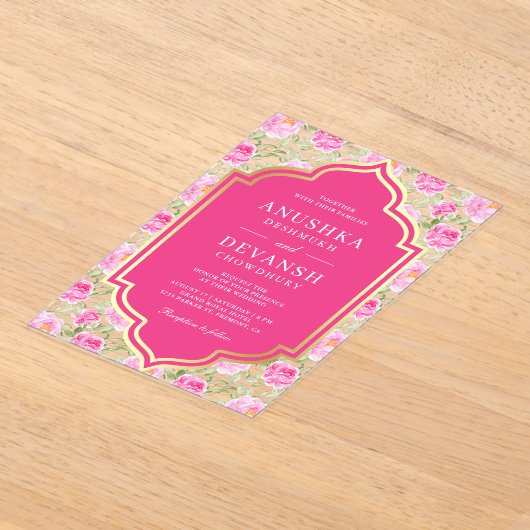 Rani Pink Floral Pattern Indian Wedding Acryl Uitnodigingen (Laagn)