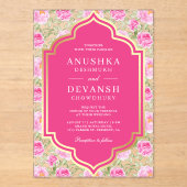 Rani Pink Floral Pattern Indian Wedding Acryl Uitnodigingen (Voorkant)