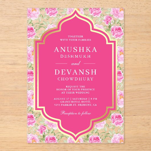 Rani Pink Floral Pattern Indian Wedding Acryl Uitnodigingen (Voorkant)