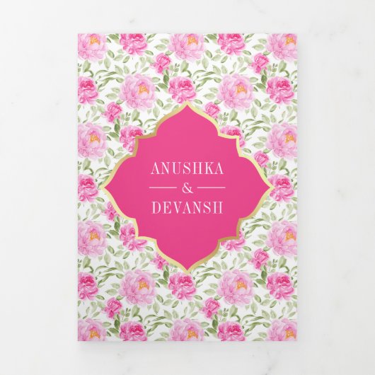 Rani roze bloemenpatroon QR-code Indiase bruiloft Drieluik Uitnodiging (Cover)