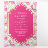 Rani roze bloemenpatroon QR-code Indiase bruiloft Drieluik Uitnodiging (Binnenzijde eerst)